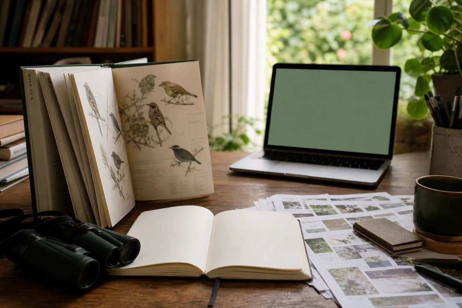 An editorial desk with a bird field guide, binoculars, notebook, and daylight from a garden window