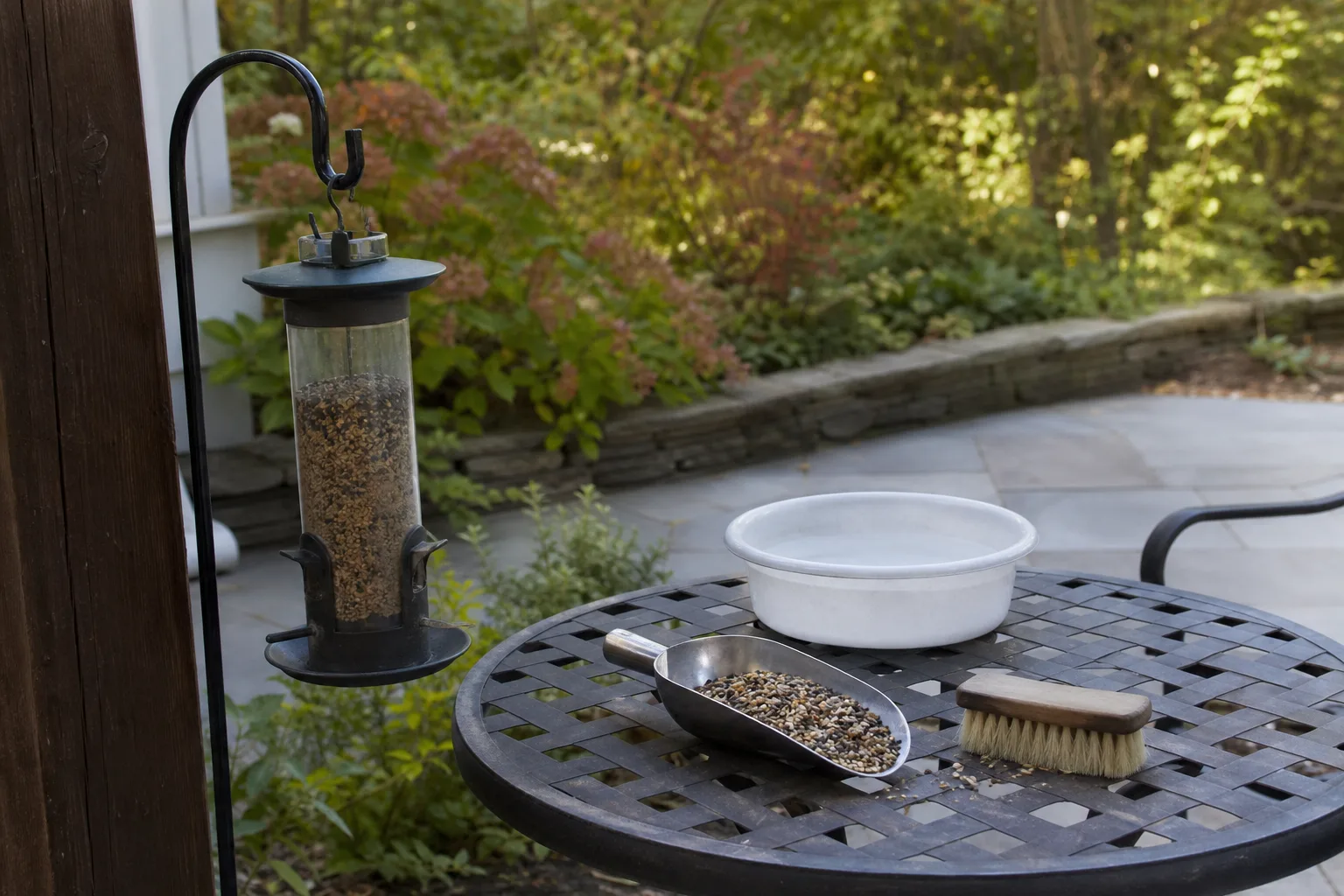 A reachable feeder with a seed scoop and cleaning supplies on a nearby outdoor table