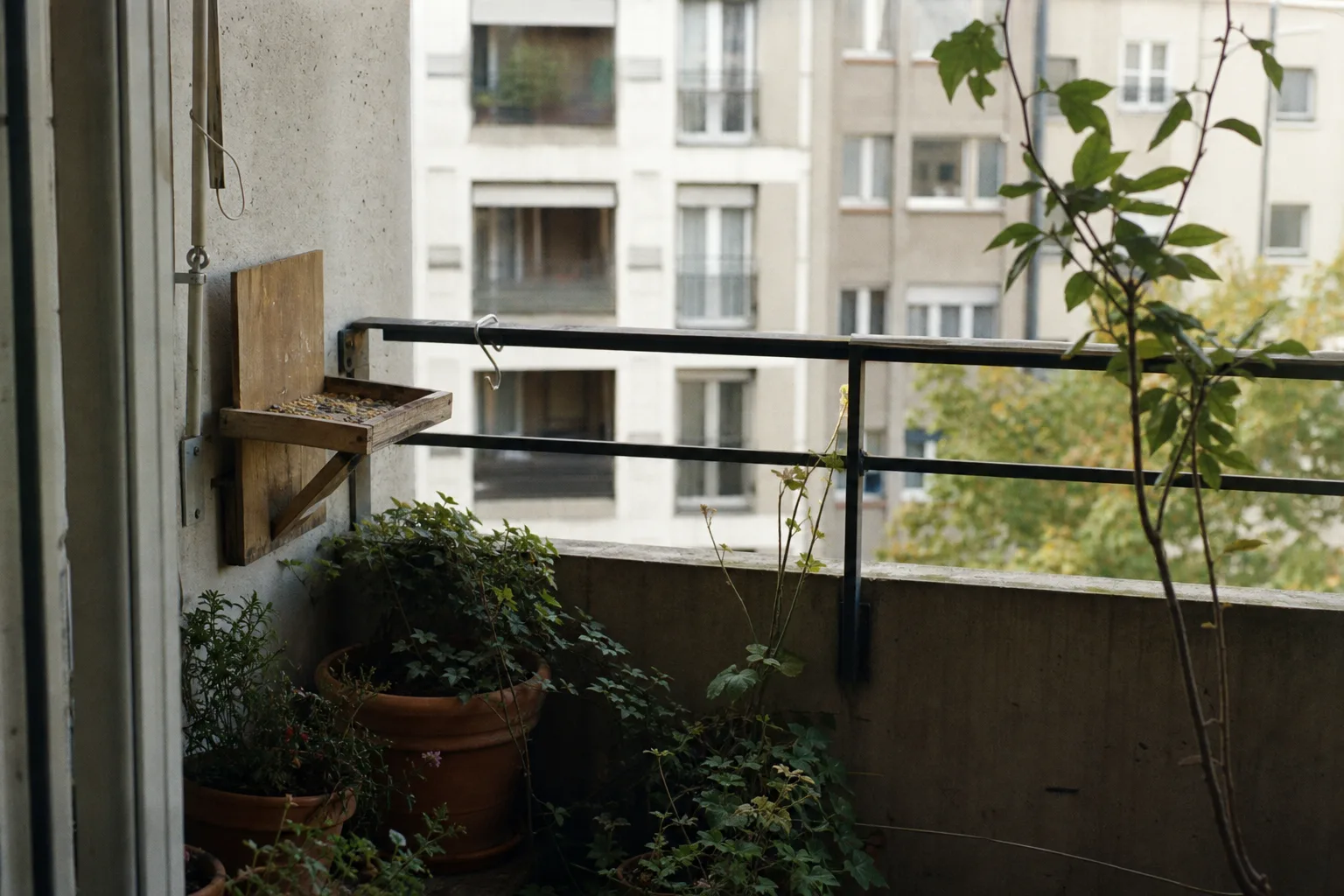 A compact balcony with a simple unbranded feeder, railings, planters, and practical open space