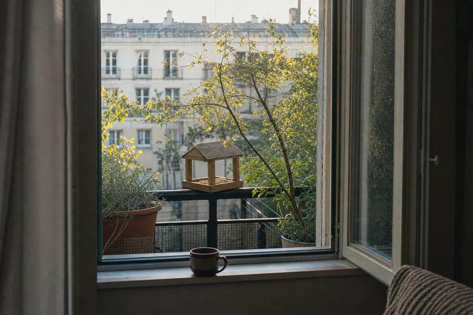 A modest apartment balcony at dawn with leafy planters and an unbranded bird feeder, seen through an open living-room window